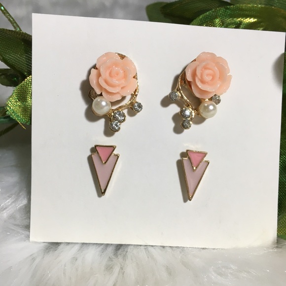 Pink Roses & Dainty Triangles Retro Earring Set - Picture 5 of 6